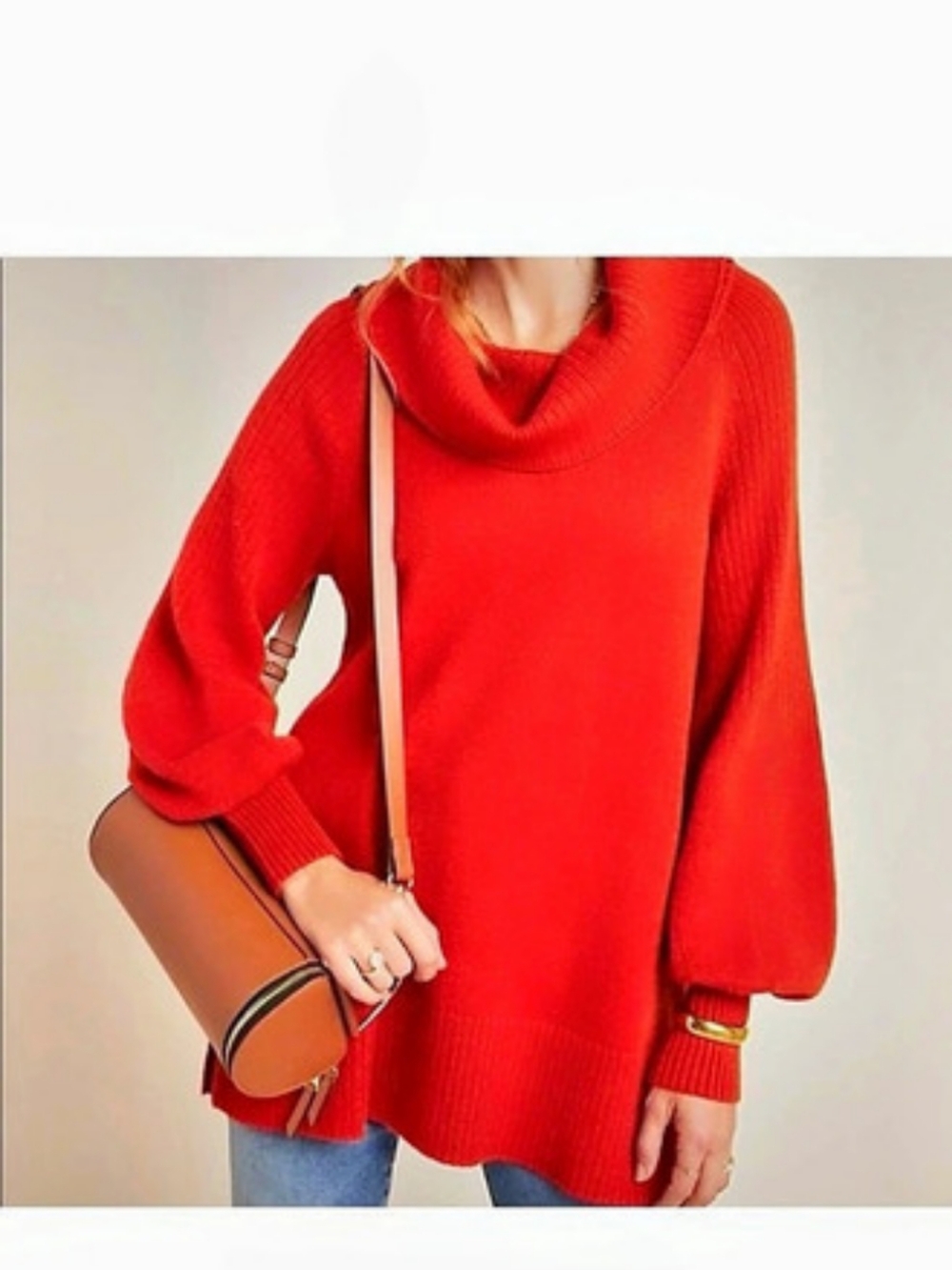 Anthropologie Paloma Balloon Sleeve Cowl Neck Knit Sweater in Red/Orange